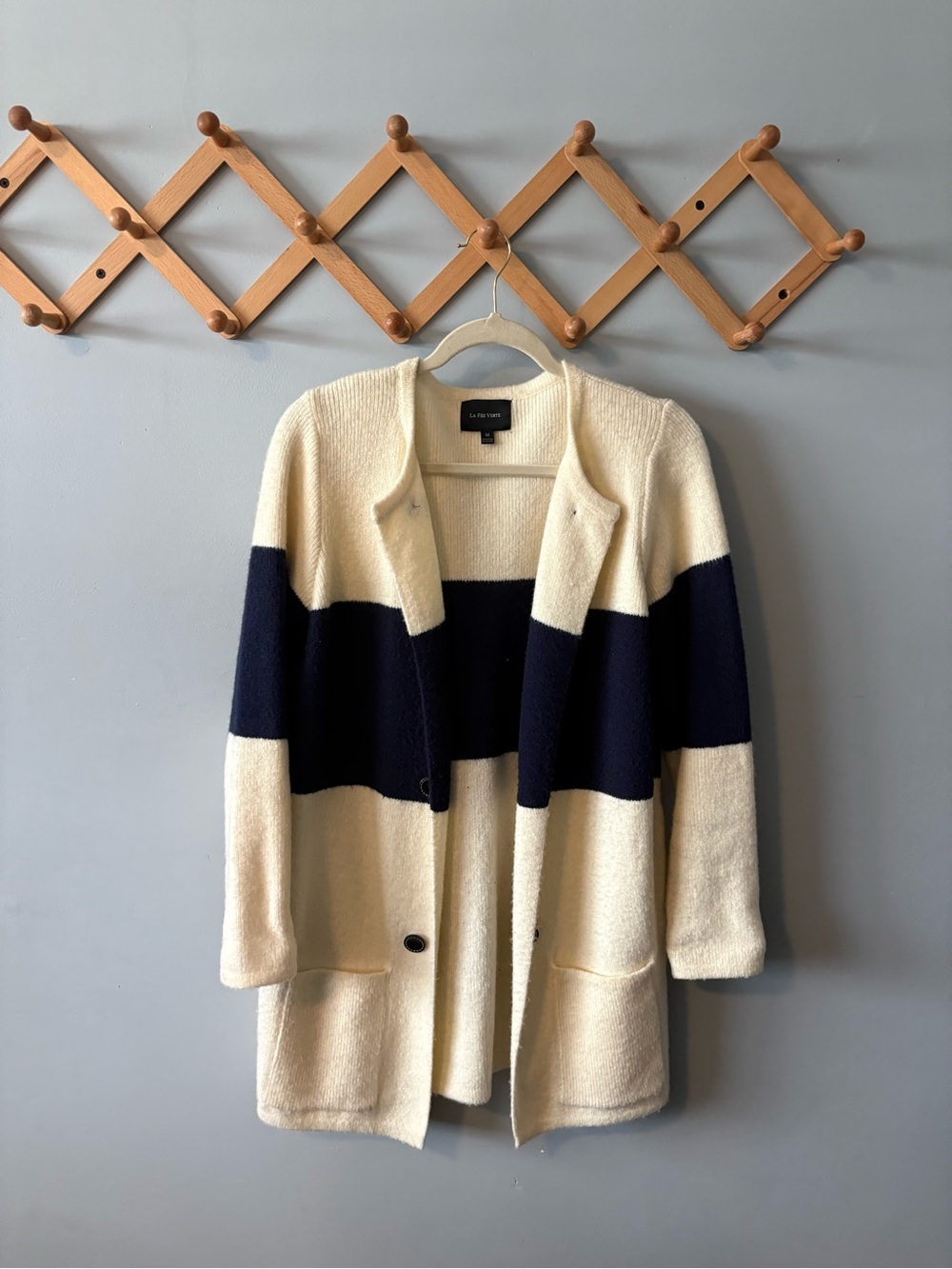 Anthropologie preppy Cream and Navy Block-Stripe Wool Blend Cardigan